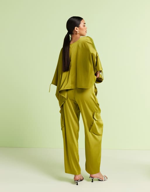 ASOS DESIGN satin barrel pants with pockets in green - part of a set