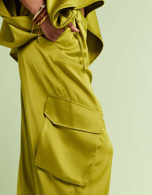 ASOS DESIGN satin barrel pants with pockets in green - part of a set