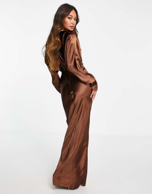 ASOS DESIGN one shoulder tie stretch satin mini dress in chocolate