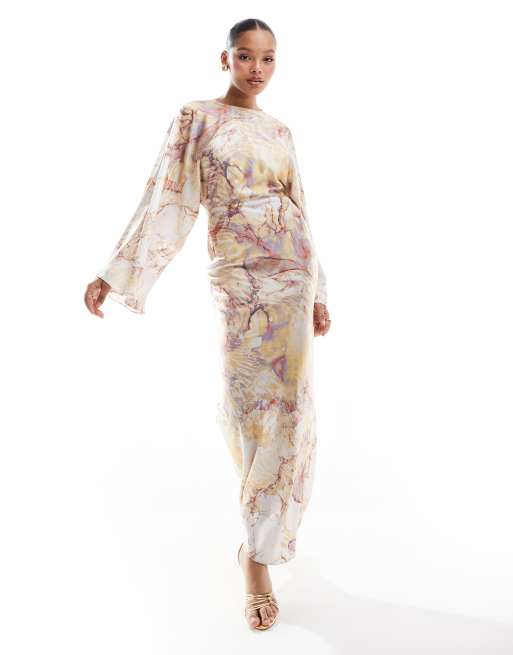 ASOS DESIGN satin batwing bias cut maxi dress in watercolor print