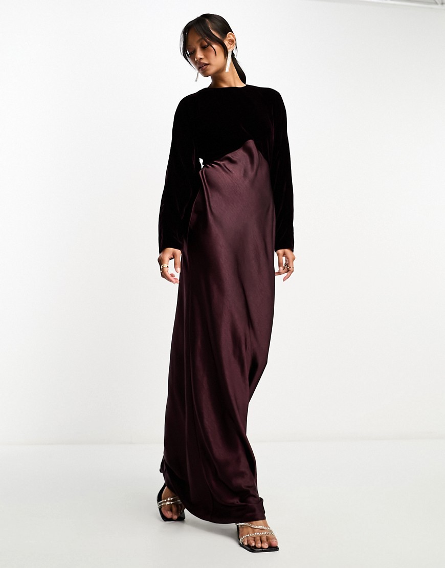 ASOS DESIGN satin batwing bias cut maxi dress with contrast velvet bodice in burgundy-Purple