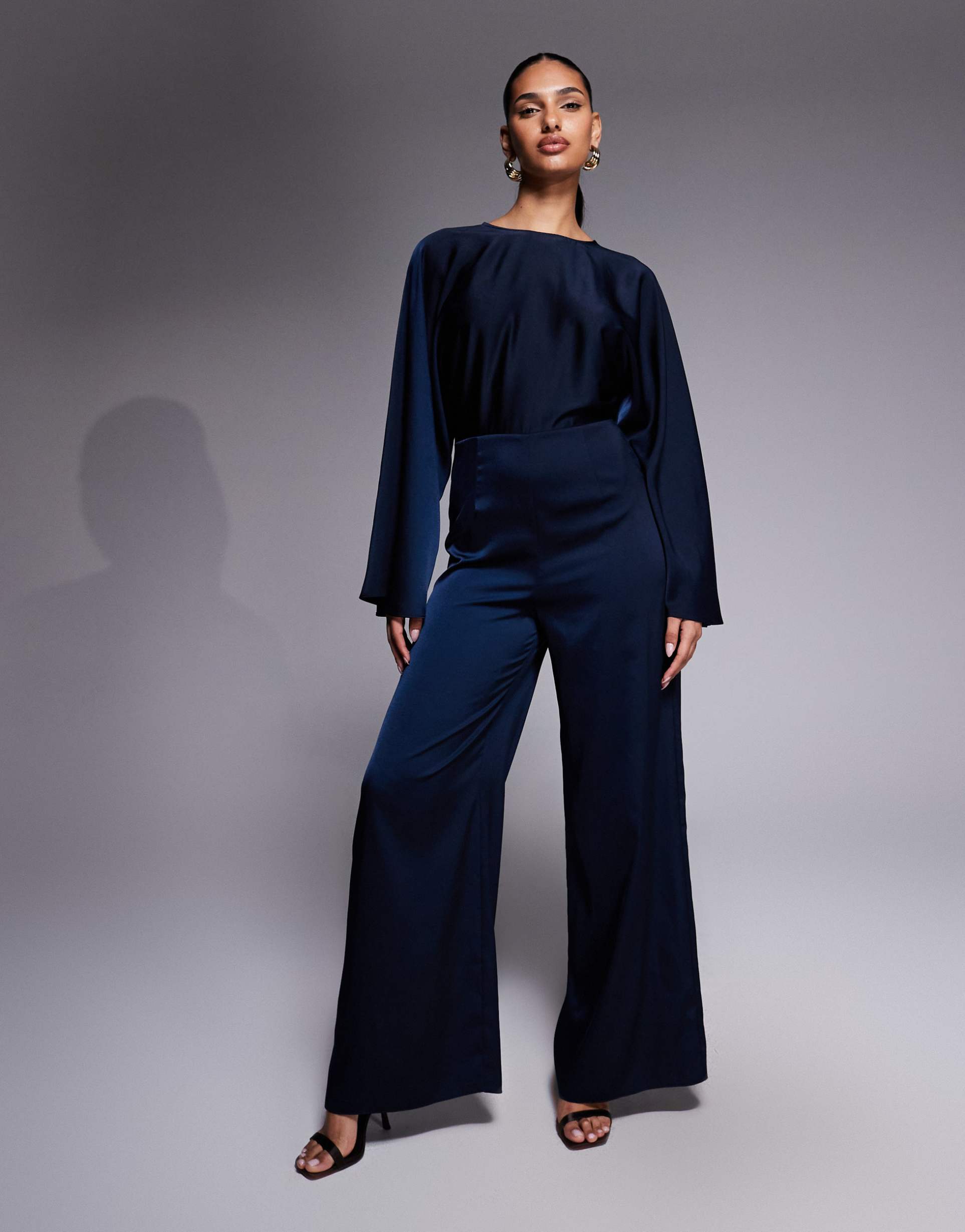 asos design satin batwing bias waisted jumpsuit in navy