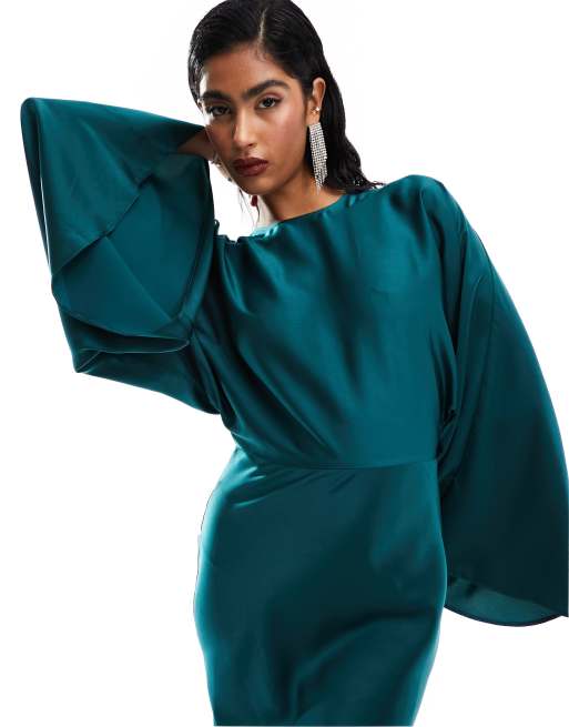 ASOS DESIGN satin batwing bias waisted maxi dress in dark green, 2 of 4