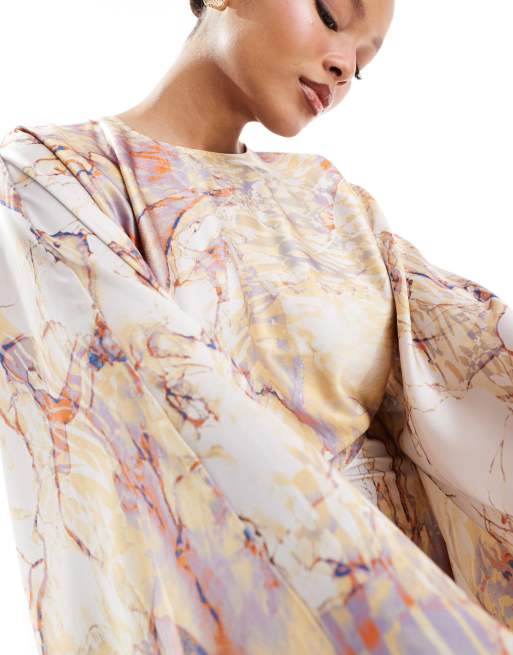 ASOS DESIGN satin batwing bias waisted maxi dress in watercolour print, 4 of 4