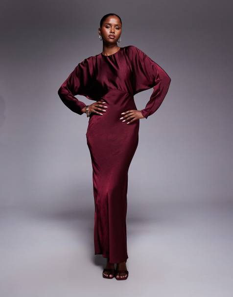 ASOS DESIGN satin batwing maxi dress in burgundy - view 1