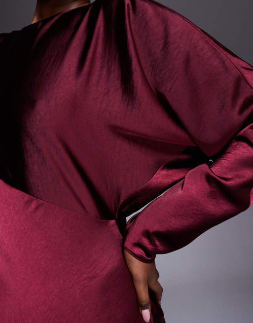 ASOS DESIGN satin batwing maxi dress in burgundy, 3 of 4