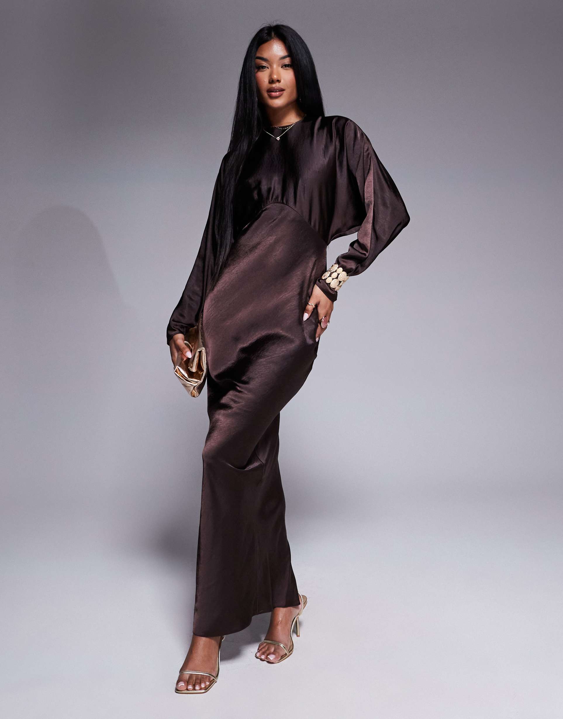 asos design satin batwing maxi dress in chocolate