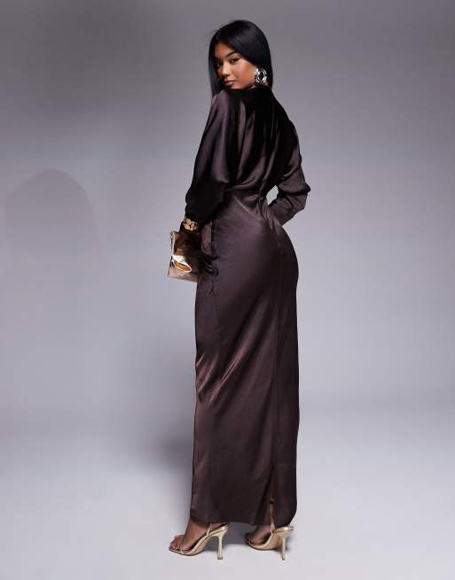 ASOS DESIGN satin batwing maxi dress in chocolate