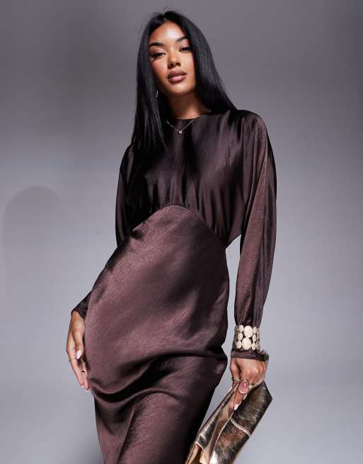 ASOS DESIGN satin batwing maxi dress in chocolate
