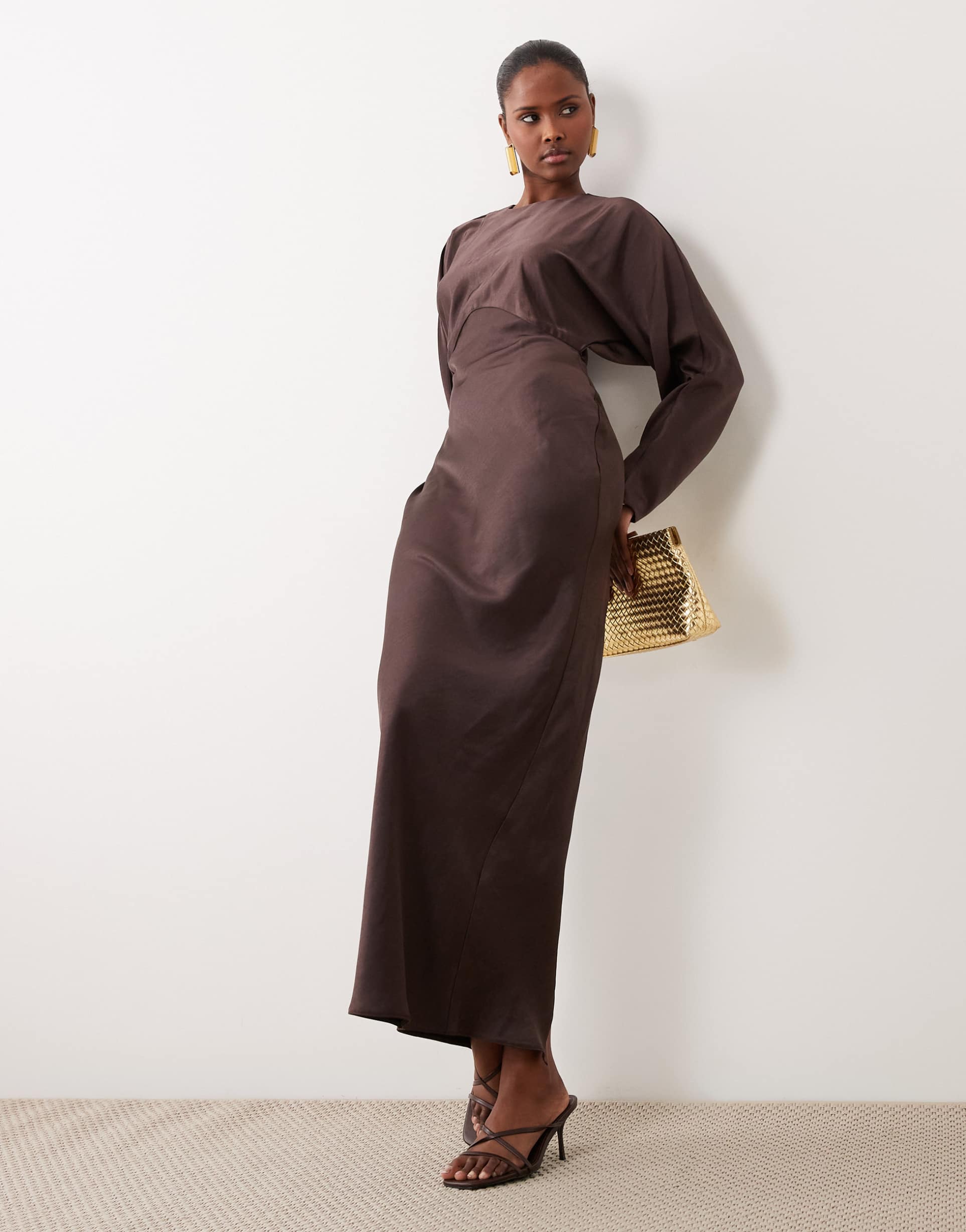 asos design satin batwing maxi dress in chocolate