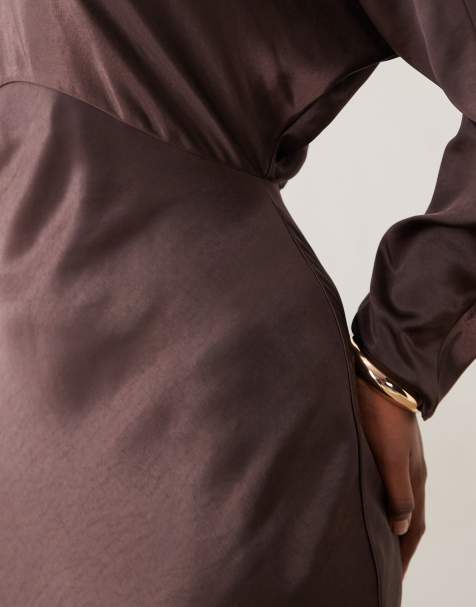brown petite dress Avec Les Filles Women's Asymmetric Drape Long Sleeves Maxi Dress - Chocolate Brown