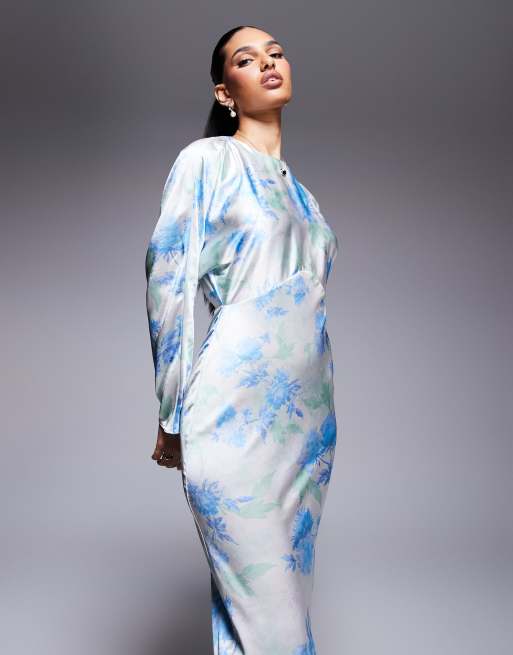ASOS DESIGN satin batwing maxi dress in ivory ground floral