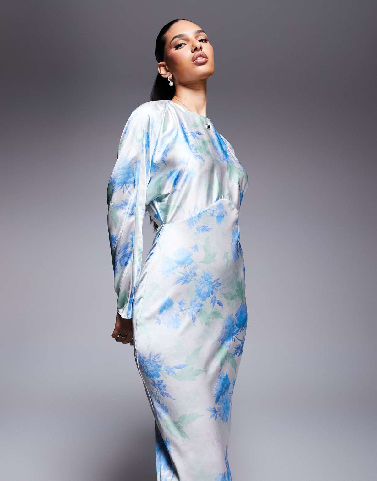 ASOS DESIGN satin batwing maxi dress in ivory ground floral