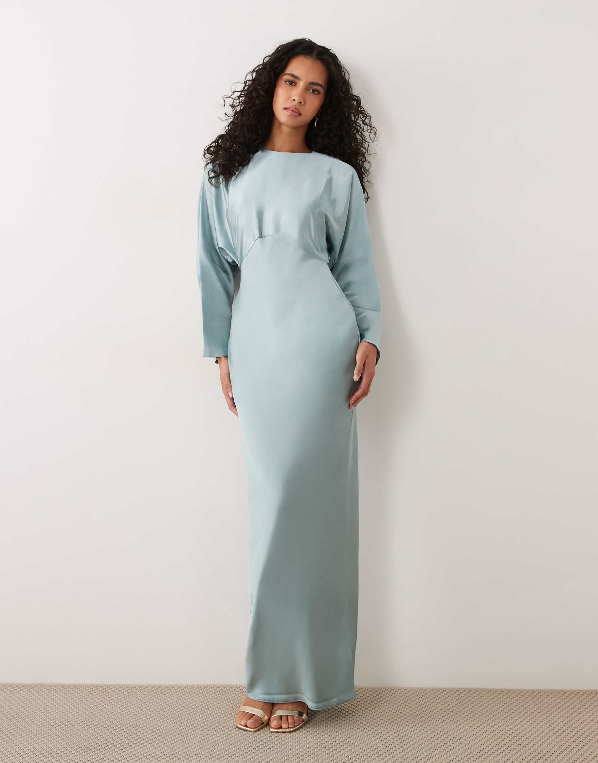 asos design satin batwing maxi dress in light blue