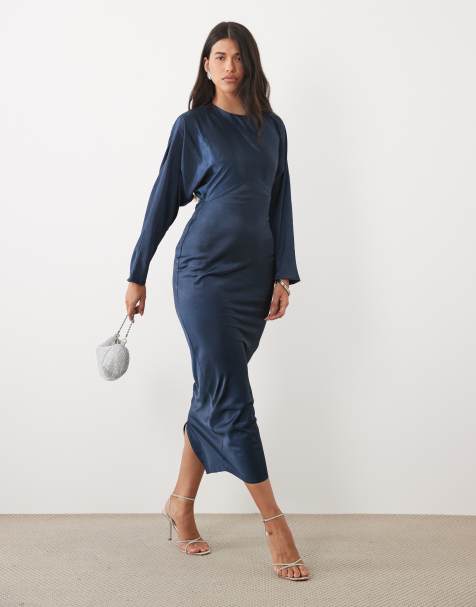 ASOS DESIGN satin batwing maxi dress in navy - view 1