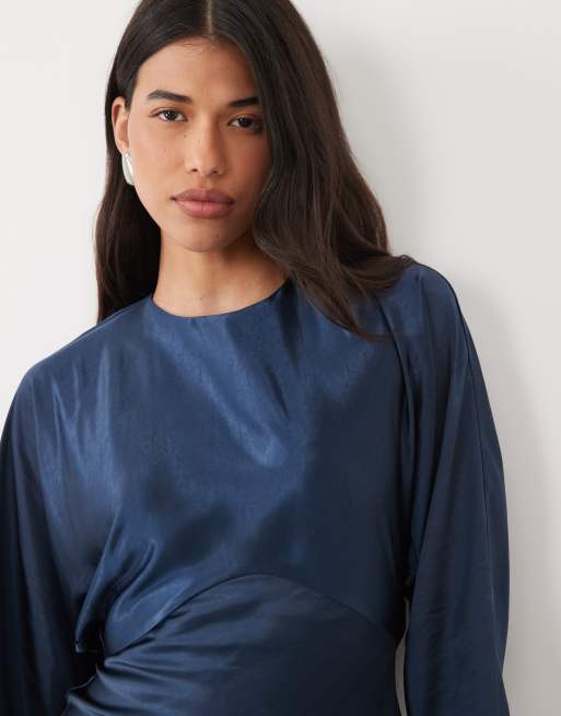 ASOS DESIGN satin batwing maxi dress in navy, 3 of 4