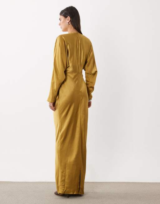 ASOS DESIGN satin batwing maxi dress in ochre, 2 of 4