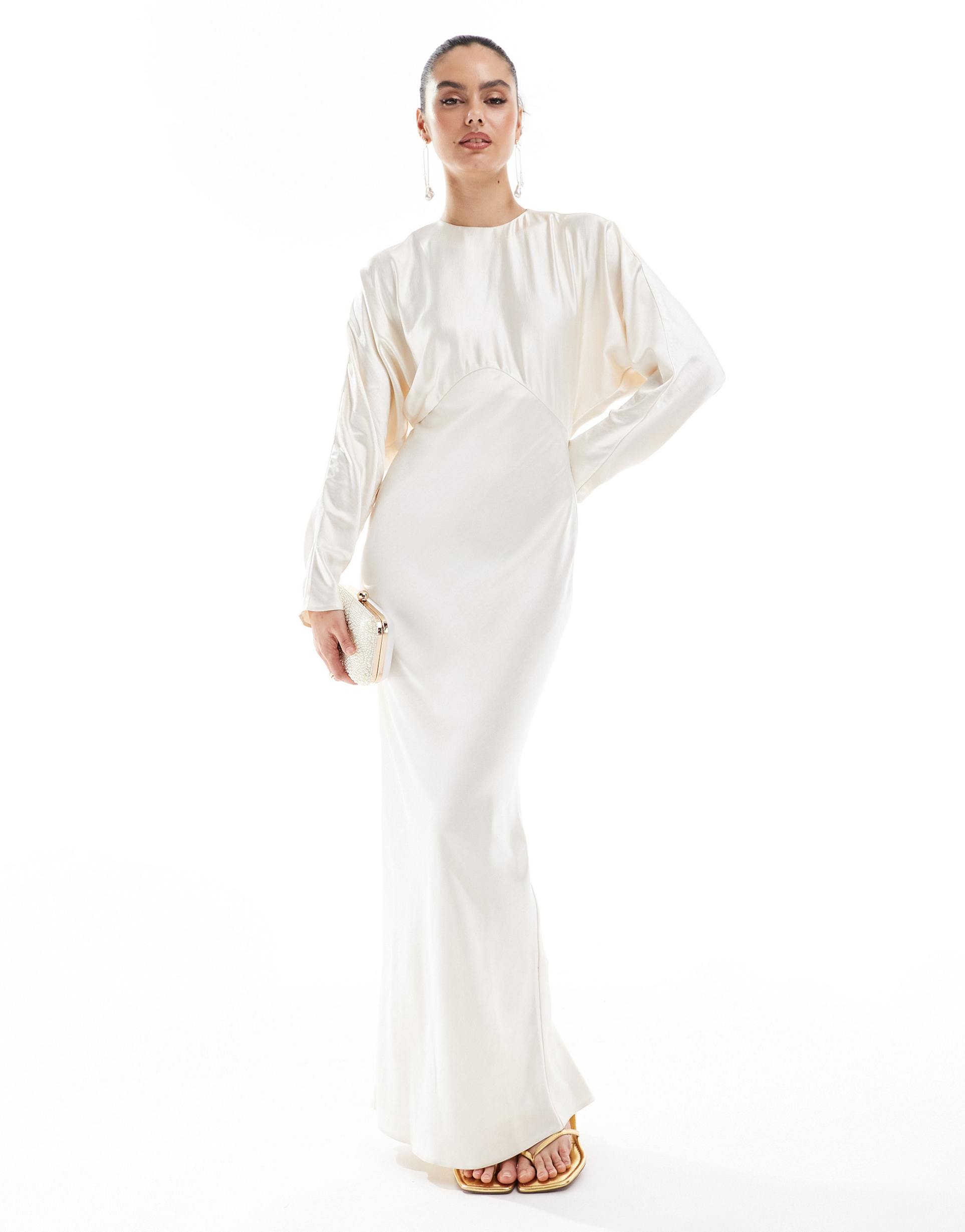asos design satin batwing maxi dress in oyster