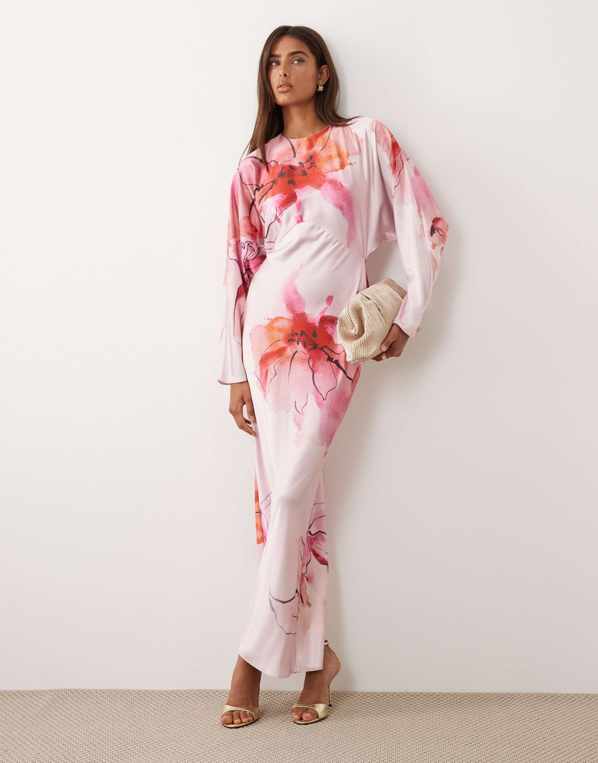 asos design satin batwing maxi dress in pink floral print