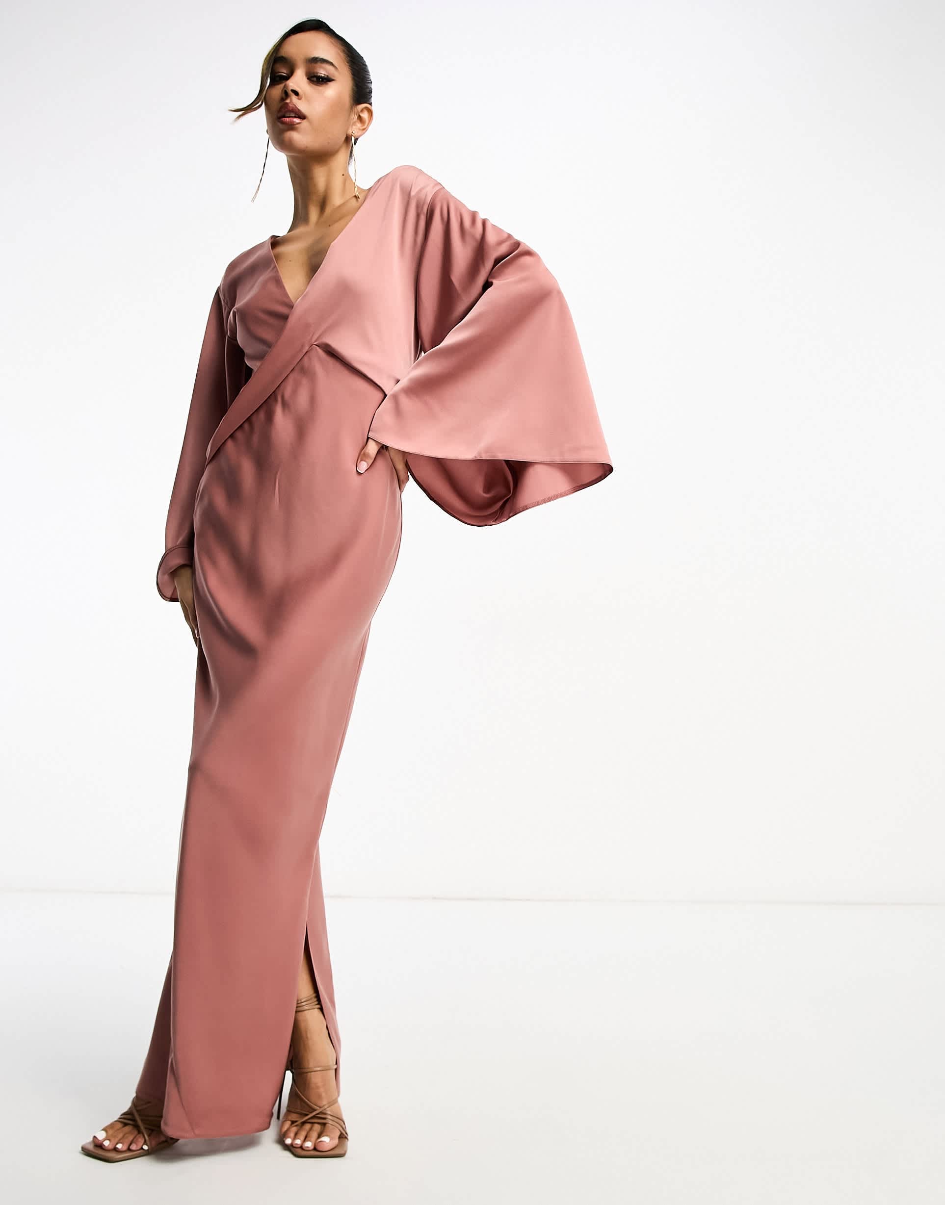 asos design satin batwing maxi dress with drape bodice detail in toffee