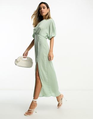 Asos Design Satin Batwing Midi Dress With Button Side Detail In Sage Green