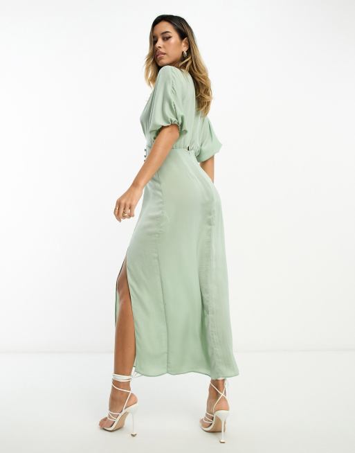 ASOS DESIGN satin batwing midi dress with button side detail in sage green