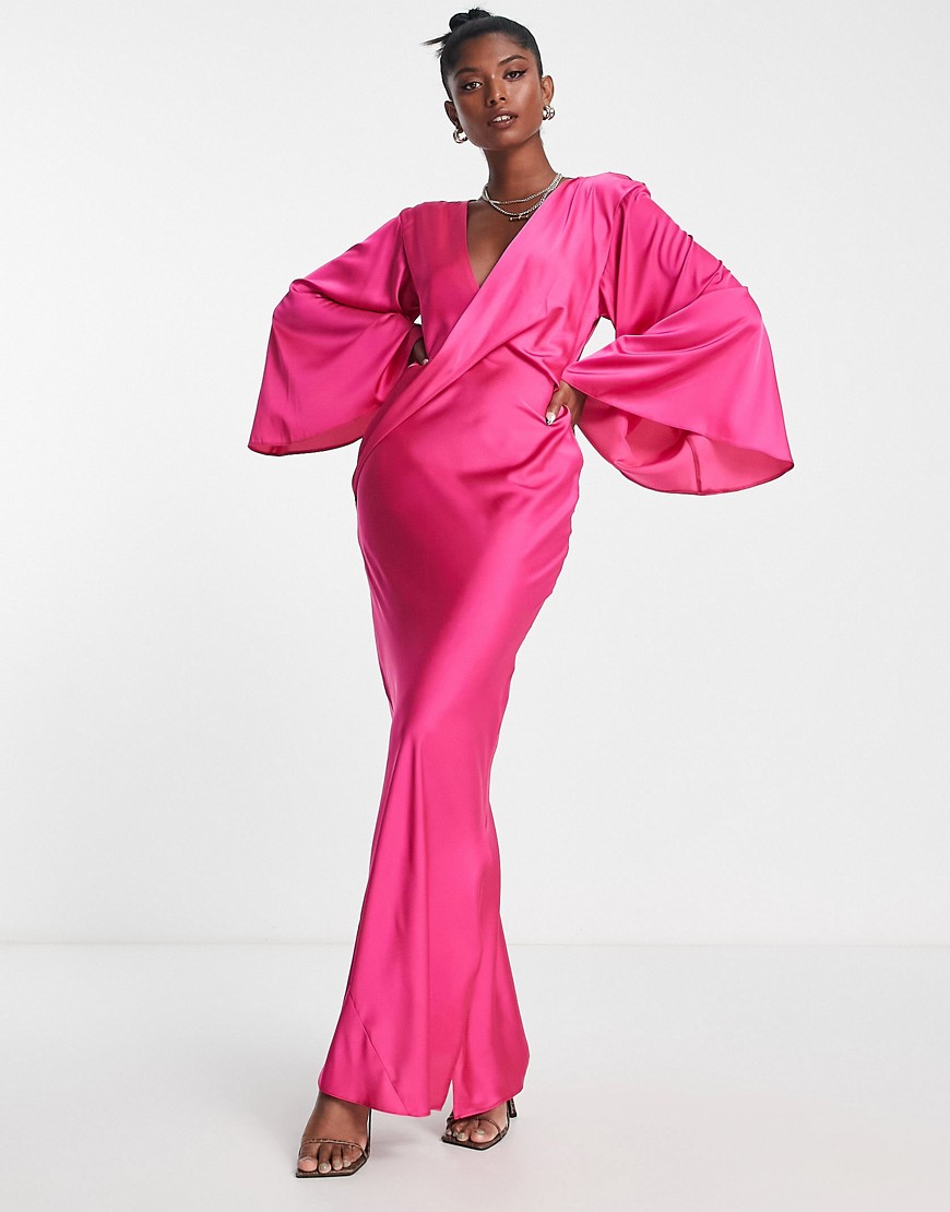 ASOS DESIGN satin batwing midi dress with drape bodice detail in fuchsia-Pink
