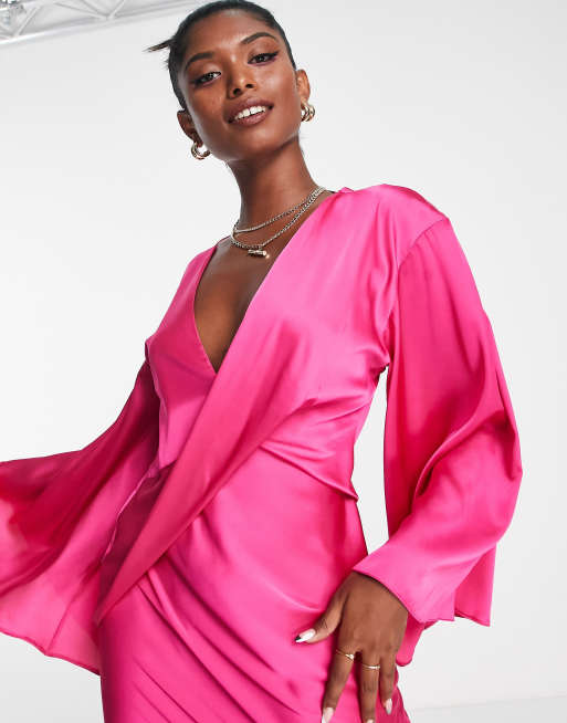 ASOS Design Satin Bandeau Midi Dress with Drape Twist Detail in Hot Pink