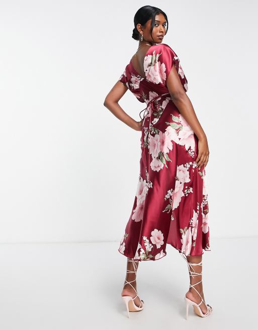 Pink And Red Floral Printed V-Neck Short Sleeve Midi Dress – AX Paris