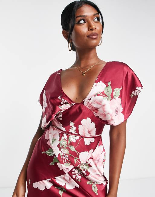 ASOS DESIGN satin midi dress with blouson bodice in vintage floral