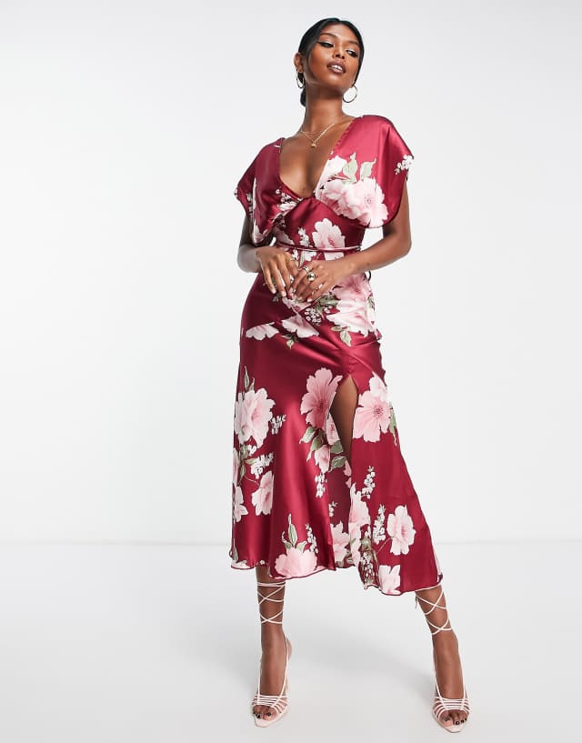 ASOS DESIGN satin batwing midi dress with slit in pink vintage floral 2