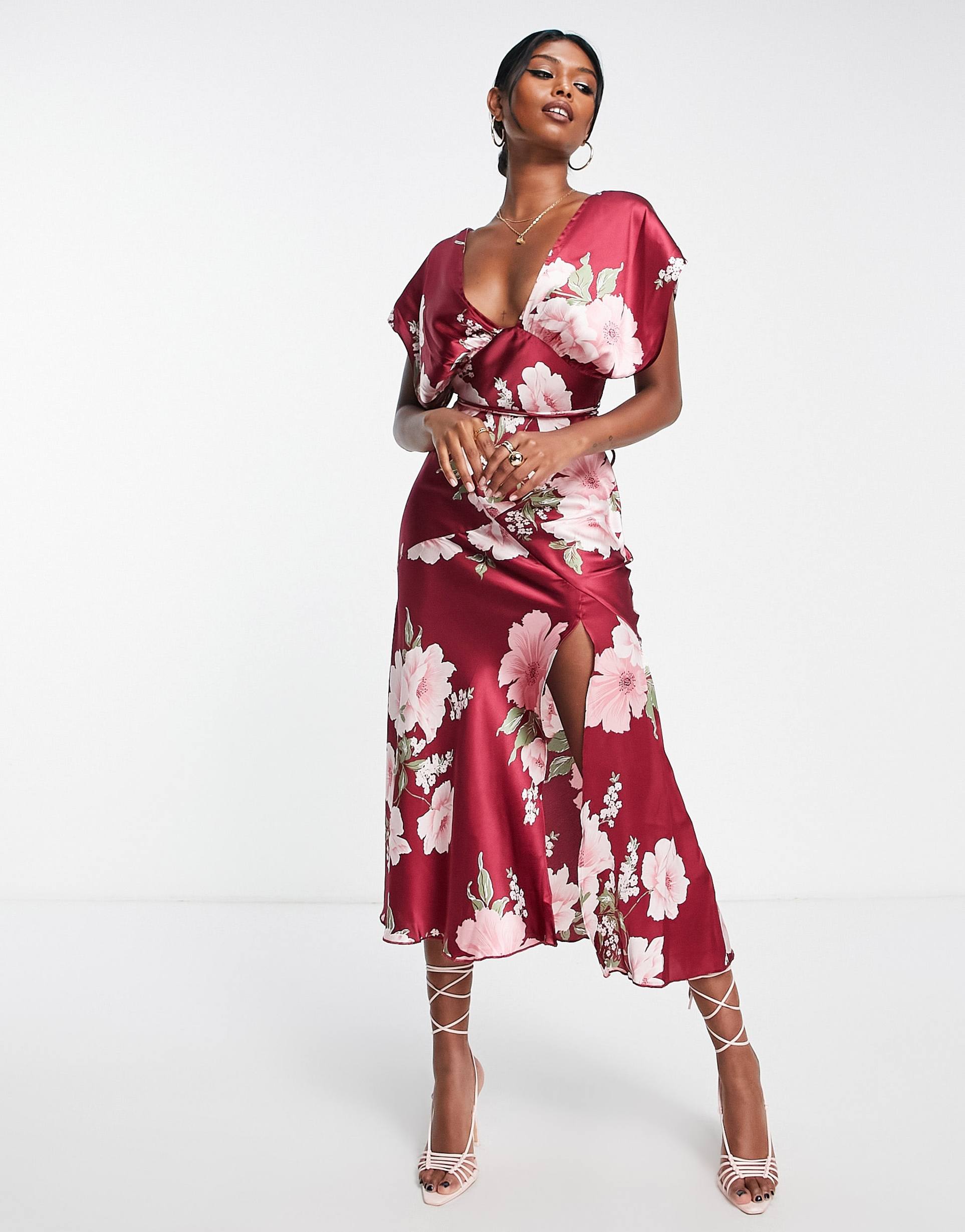 ASOS DESIGN satin batwing midi dress with split in pink vintage floral