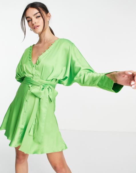 ASOS DESIGN satin halter neck backless mini dress with waist detail in lime