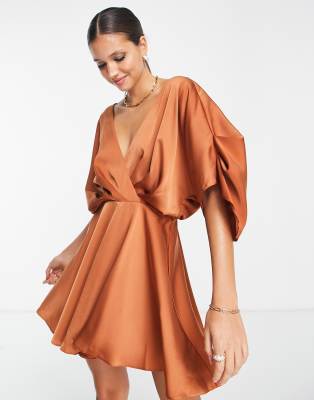 ASOS DESIGN satin batwing mini dress with pleated bodice detail in ru