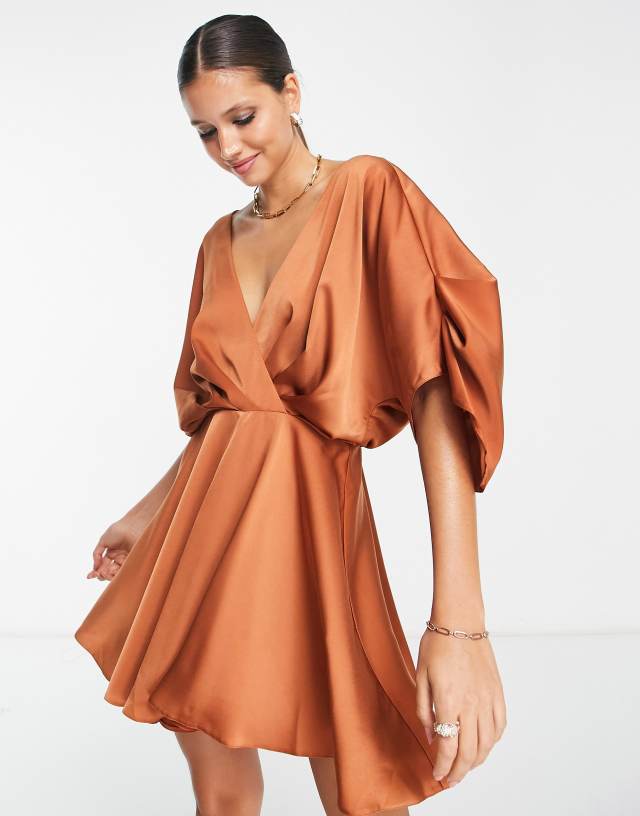 ASOS DESIGN satin batwing mini dress with pleated bodice detail in rust