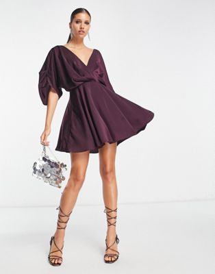 ASOS DESIGN satin batwing mini dress with pleated bodice detail in wine | ASOS