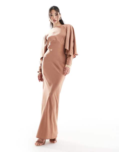 ASOS DESIGN satin batwing overlay detail bias maxi dress in mocha - view 1
