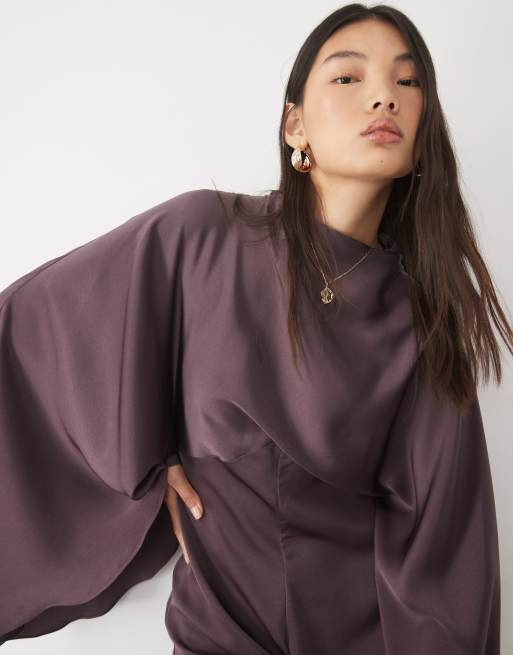 ASOS DESIGN satin batwing playsuit with extreme sleeve in chocolate, 4 of 5