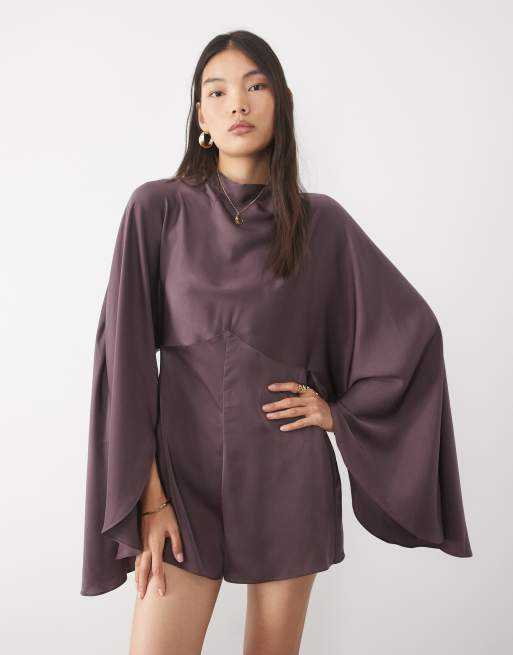 ASOS DESIGN satin batwing romper with extreme sleeve in chocolate, 2 of 5