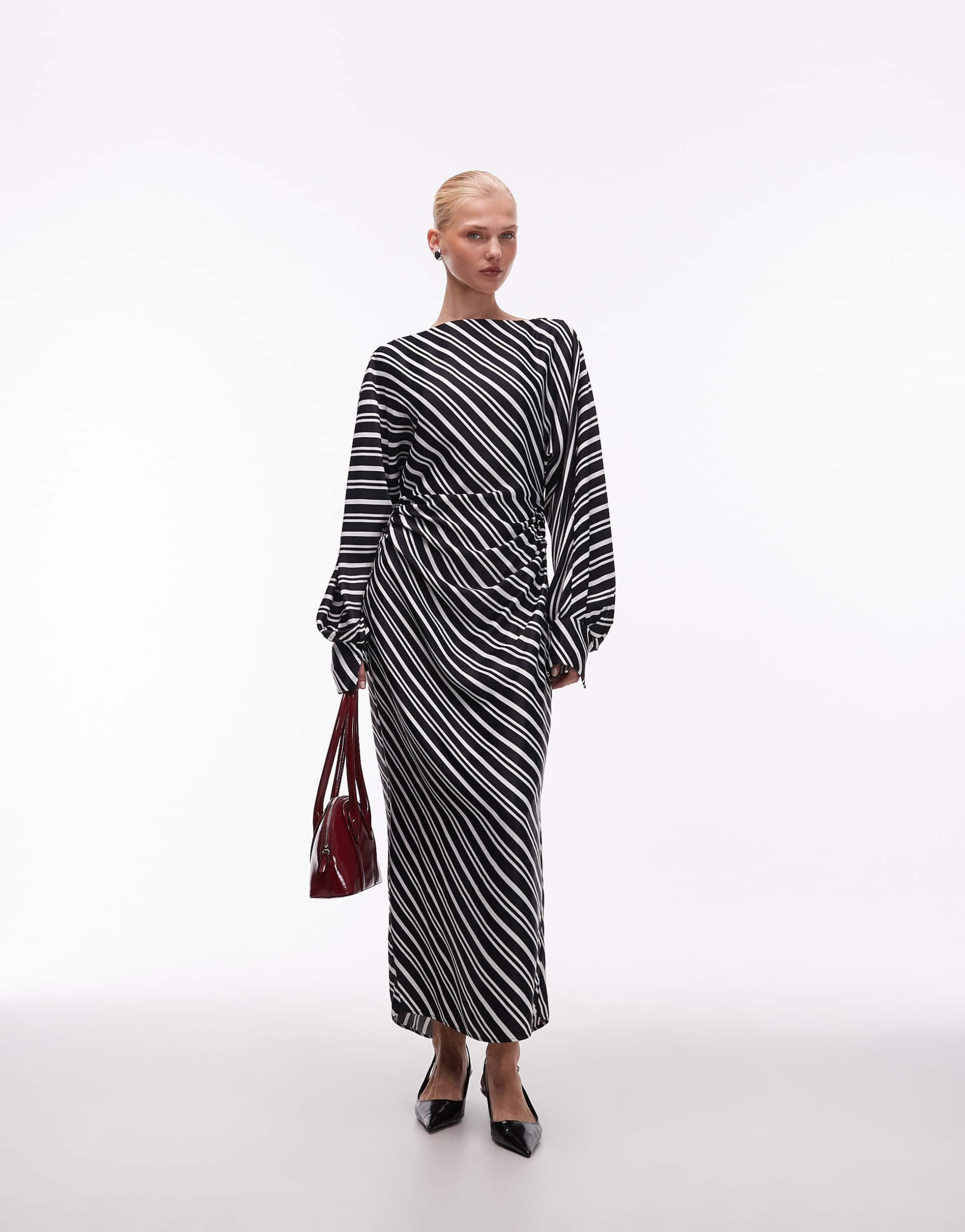 asos design satin batwing sleeve maxi dress in pinstripe