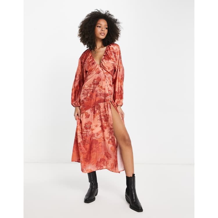 ASOS DESIGN satin batwing sleeve midi dress in burnt orange floral