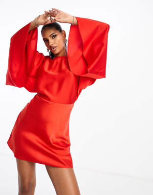 Asos Design Satin Batwing Sleeve Mini Dress In Red