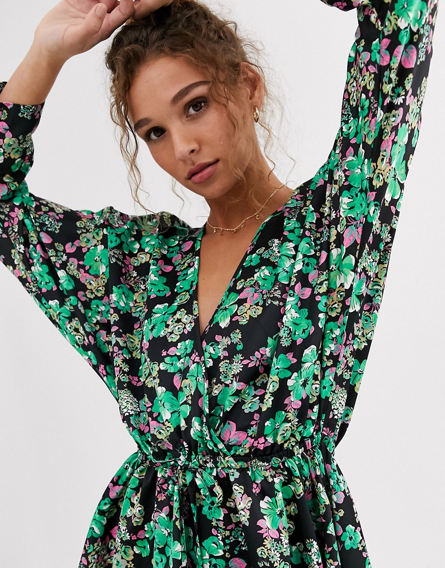 Asos Design Satin Batwing Sleeve Top With Tie Waist In Floral Print-multi