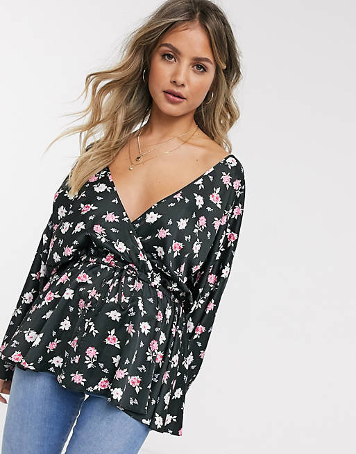 ASOS DESIGN satin batwing sleeve top with tie waist in floral print