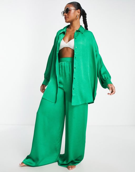 ASOS DESIGN satin beach palazzo pants in green - part of a set