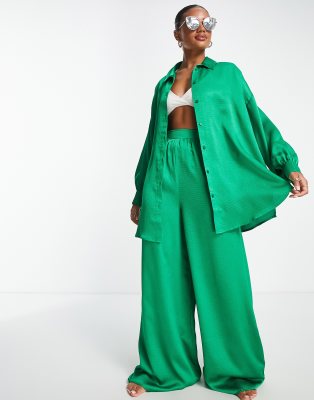 Asos Design Satin Beach Shirt In Green - Part Of A Set