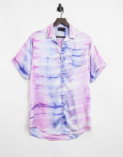  satin beach shirt in marble tie dye print 
