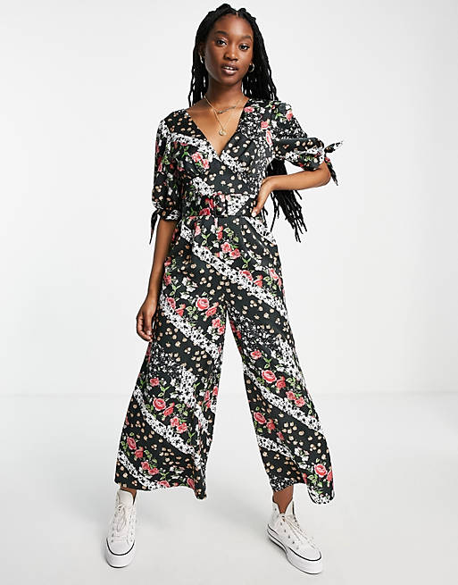 Women satin belted tea jumpsuit in mixed print 