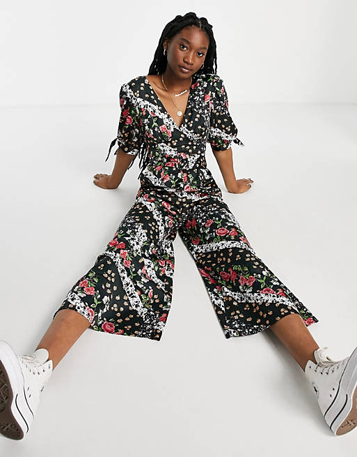 Women satin belted tea jumpsuit in mixed print 