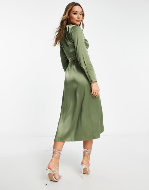 ASOS DESIGN satin belted wrap collared midi dress in dark sage | ASOS